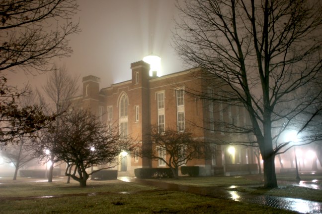 Knox College's Old Main in the fog